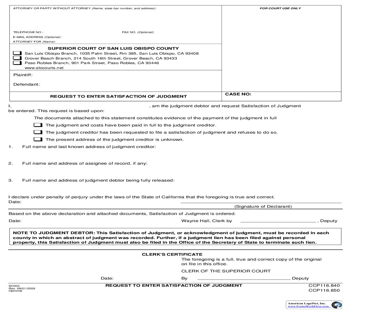 Request To Enter Satisfaction Of Judgment {SC003} | Pdf Fpdf Doc Docx | California