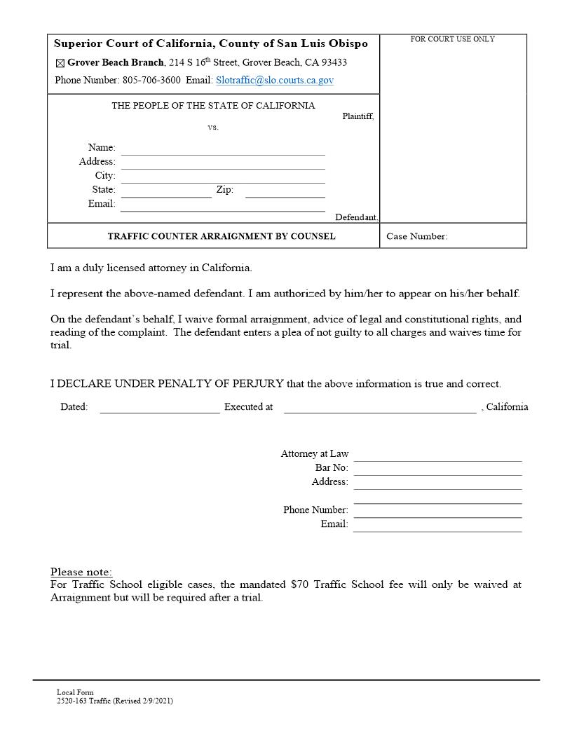 Traffic Counter Arraignment By Counsel {2520-163T} | Pdf Fpdf Docx | California