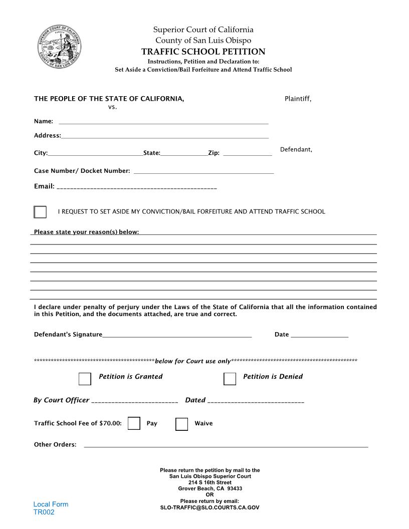Traffic School Petition {TR002} | Pdf Fpdf Docx | California
