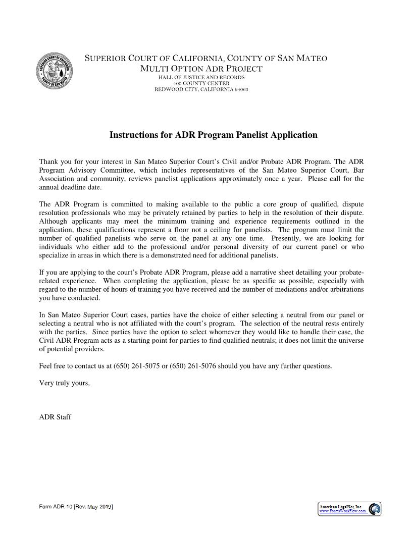 ADR Program Panelist Application {ADR-10} | Pdf Fpdf Docx | California