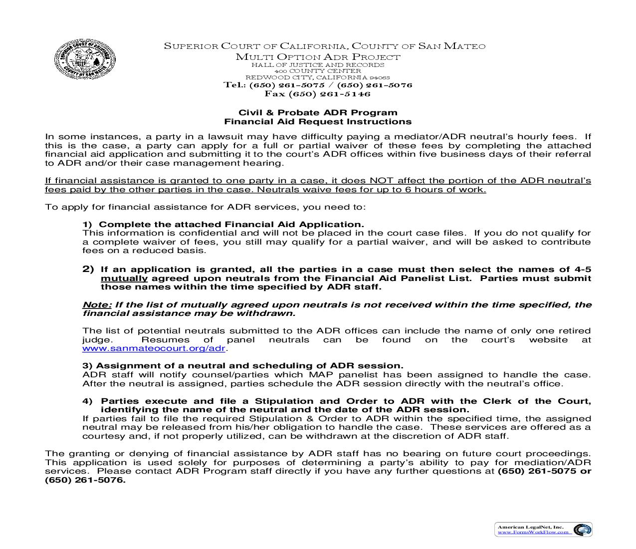 Application For Financial Aid For ADR Services {ADR-9} | Pdf Fpdf Docx | California