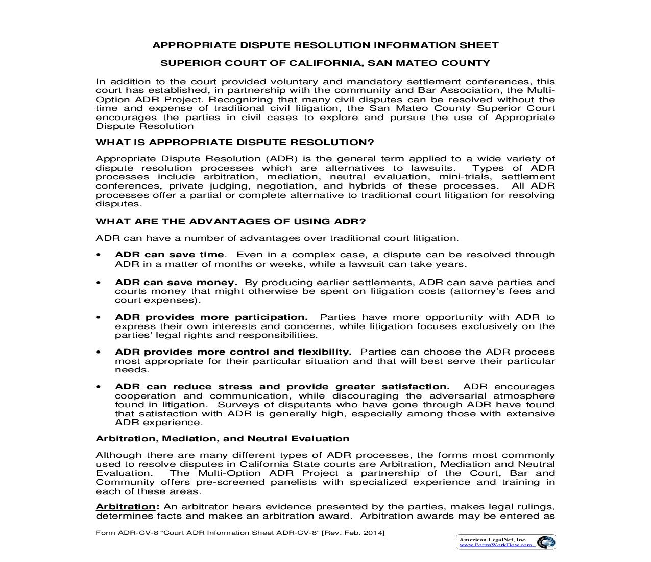 Appropriate Dispute Resolution Information Sheet {ADR-CV-8} | Pdf Fpdf Doc Docx | California