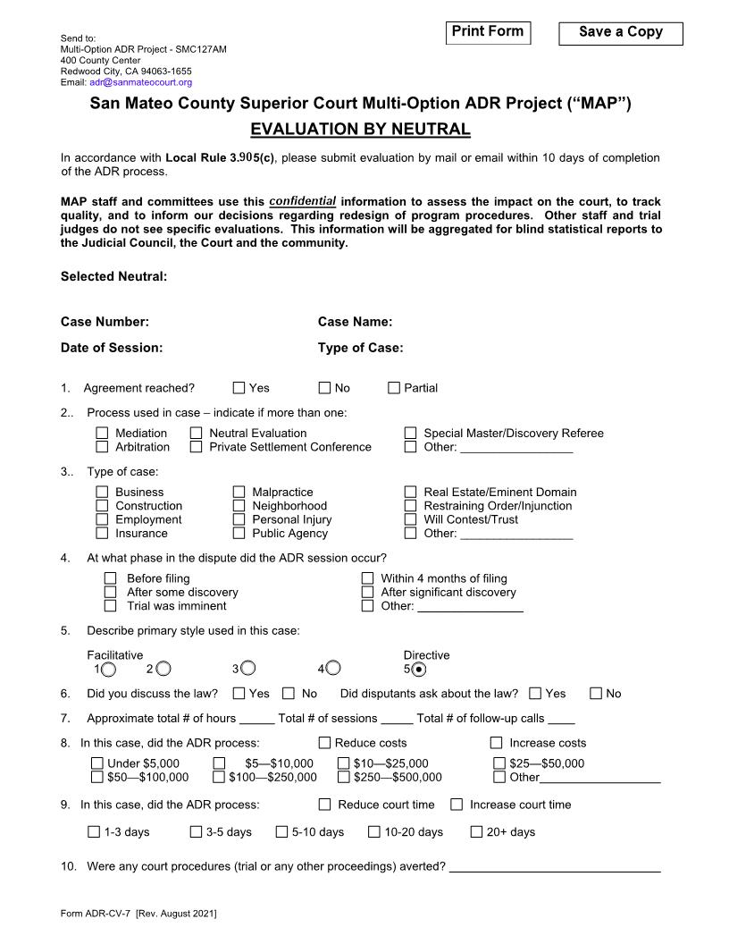 Confidential Evaluation By Neutral {ADR-CV-7} | Pdf Fpdf Docx | California