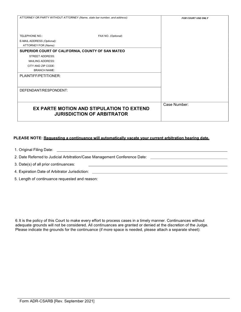 Ex Parte Motion And Stipulation To Exend Jurisdiction Of Arbitrator {ADR-CSARB} | Pdf Fpdf Docx | California