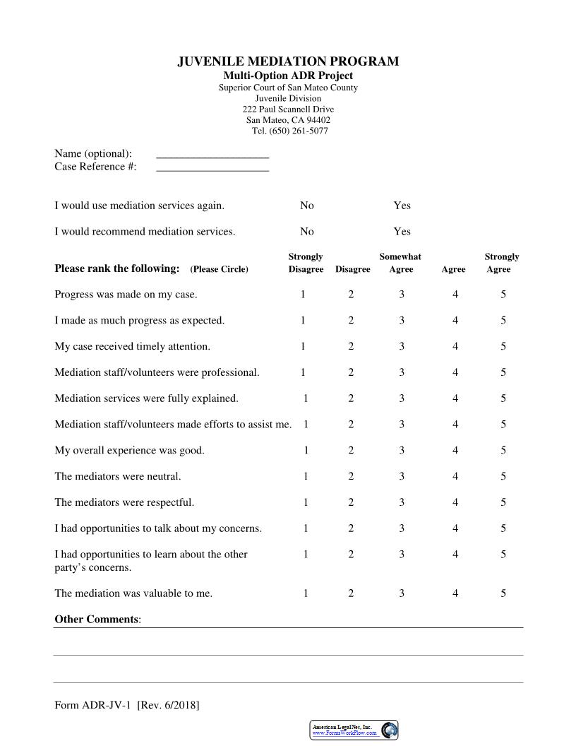 Juvenile Dependency Mediation Evaluation Form {ADR-JV-1} | Pdf Fpdf Docx | California