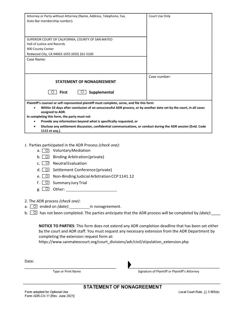 Statement Of Nonagreement {ADR-CV-11} | Pdf Fpdf Docx | California