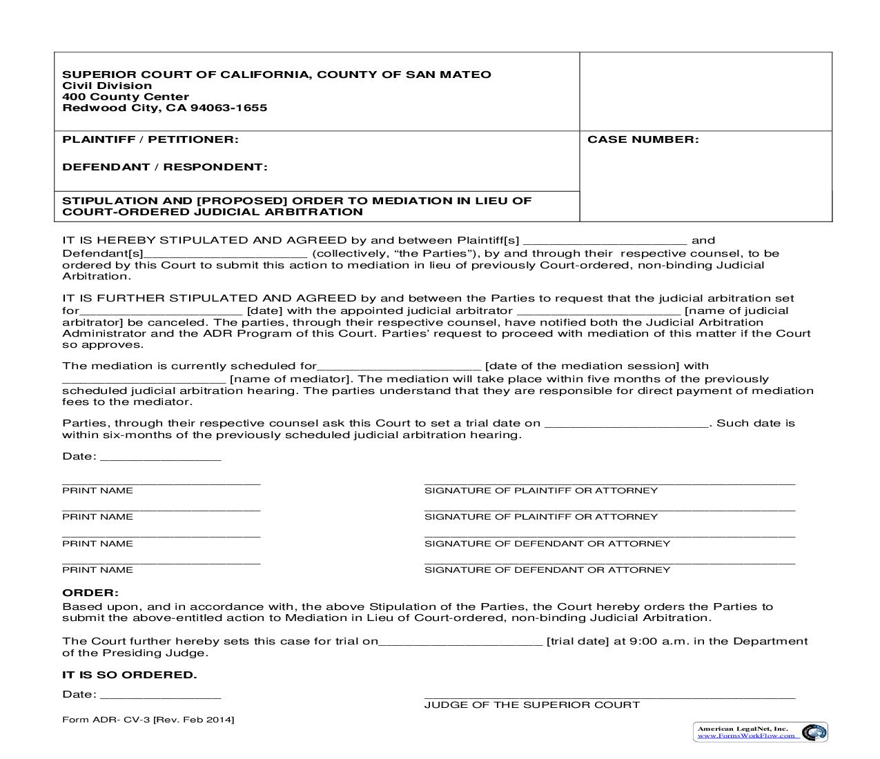 Stipulation And (Proposed) Order To Mediation In Lieu Of Court-Ordered Judicial Arbitration {ADR-CV-3} | Pdf Fpdf Doc Docx | California