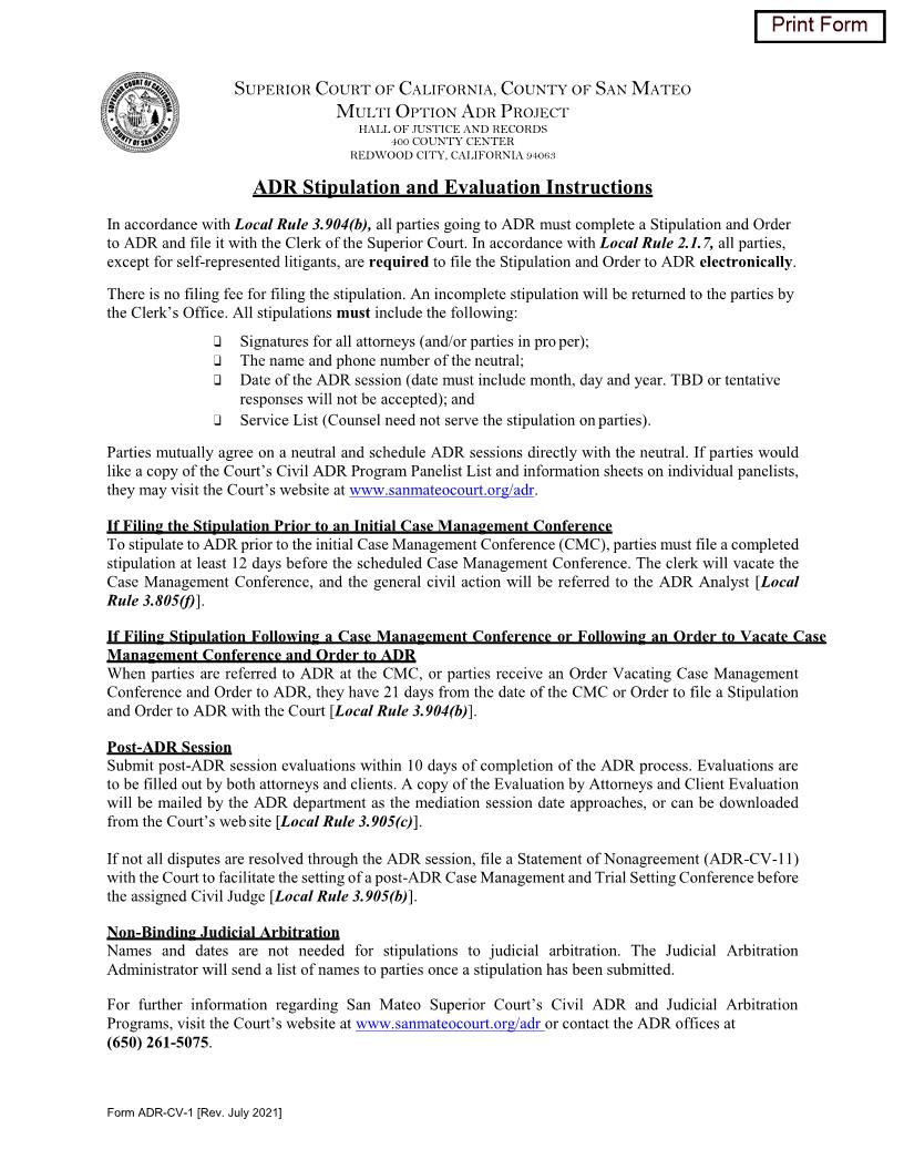 Stipulation And Order To Appropriate Dispute Resolution {ADR-CV-1} | Pdf Fpdf Docx | California