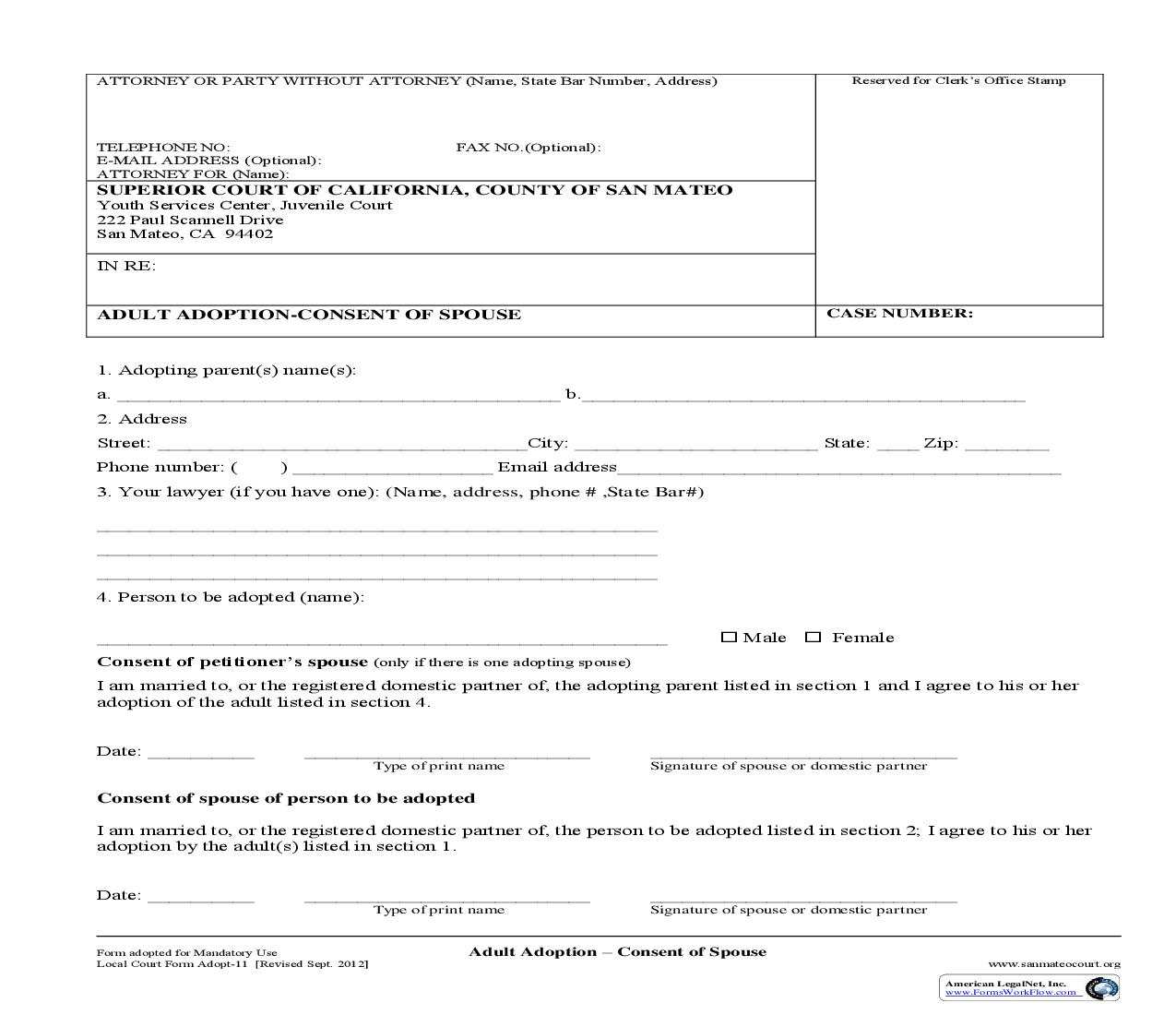 Adult Adoption - Consent Of Spouse {ADOPT-11} | Pdf Fpdf Doc Docx | California