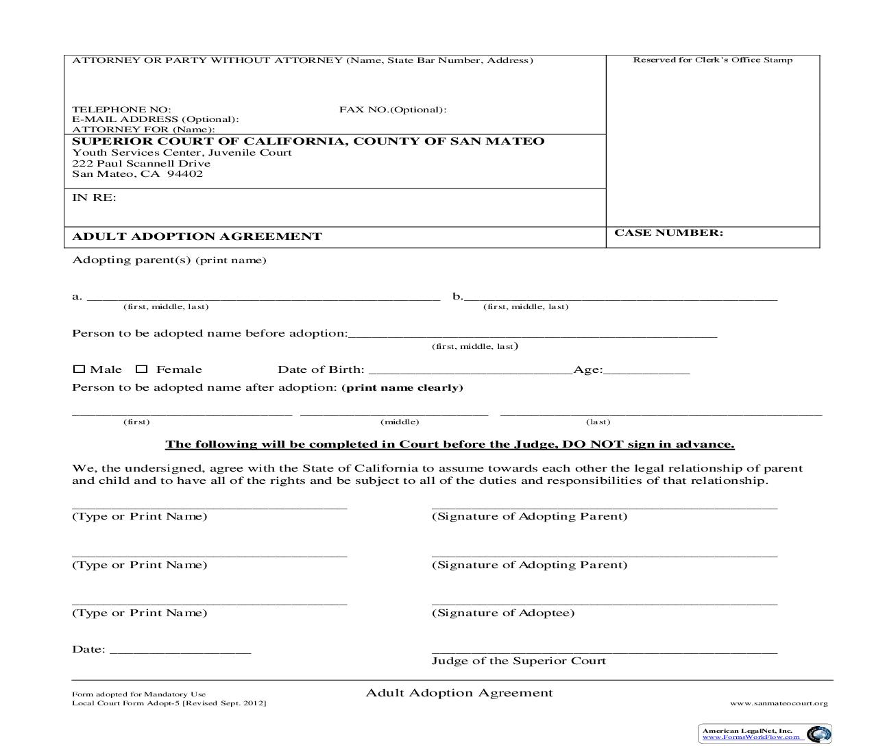 Adult Adoption Agreement {ADOPT-5} | Pdf Fpdf Doc Docx | California
