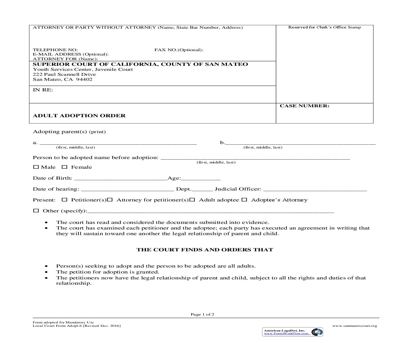 Adult Adoption Order {ADOPT-6} | Pdf Fpdf Doc Docx | California