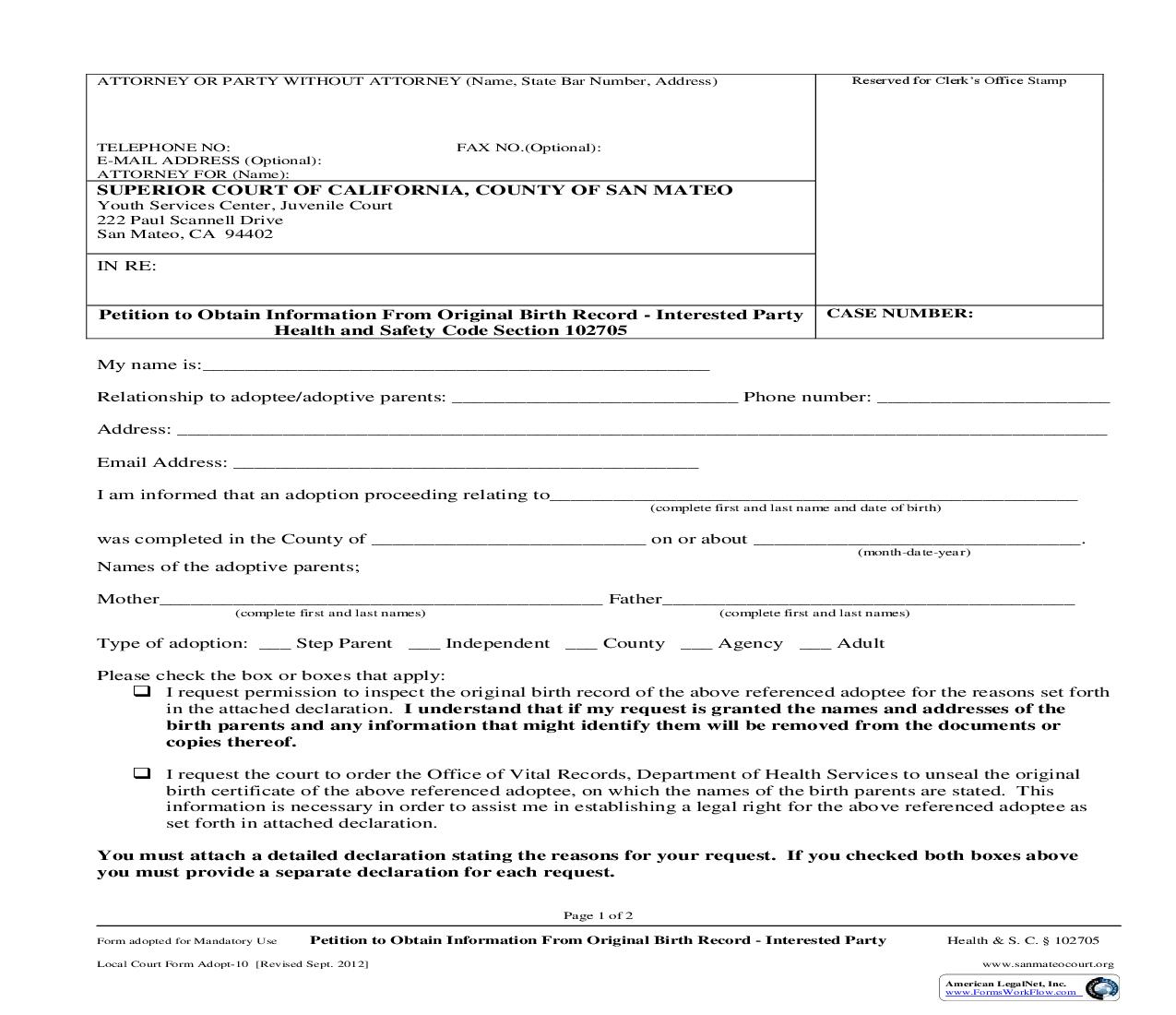 Petition To Obtain Information From Original Birth Record-Interested Party {ADOPT-10} | Pdf Fpdf Doc Docx | California