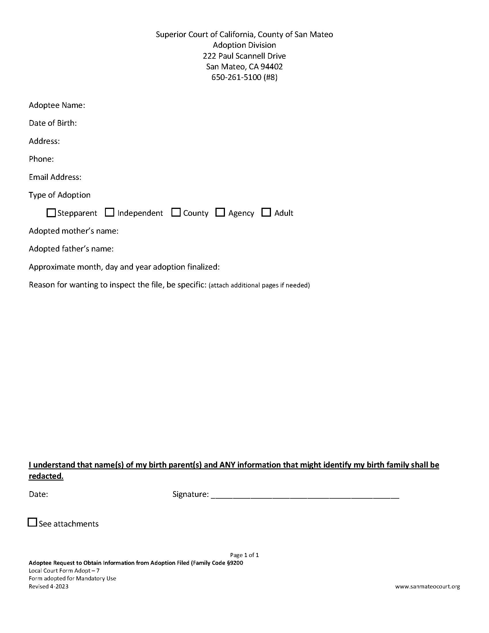 Request To Obtain Information From Court Adoption File-Adoptee {ADOPT-7} | Pdf Fpdf Doc Docx | California