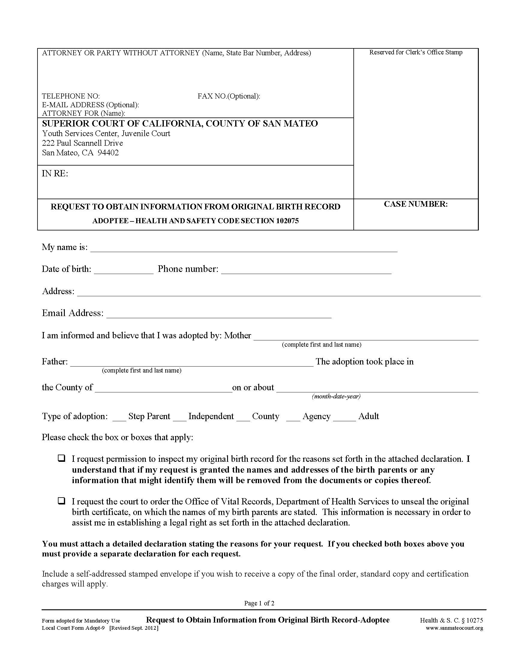 Request To Obtain Information From Original Birth Record-Adoptee {ADOPT-9} | Pdf Fpdf Doc Docx | California