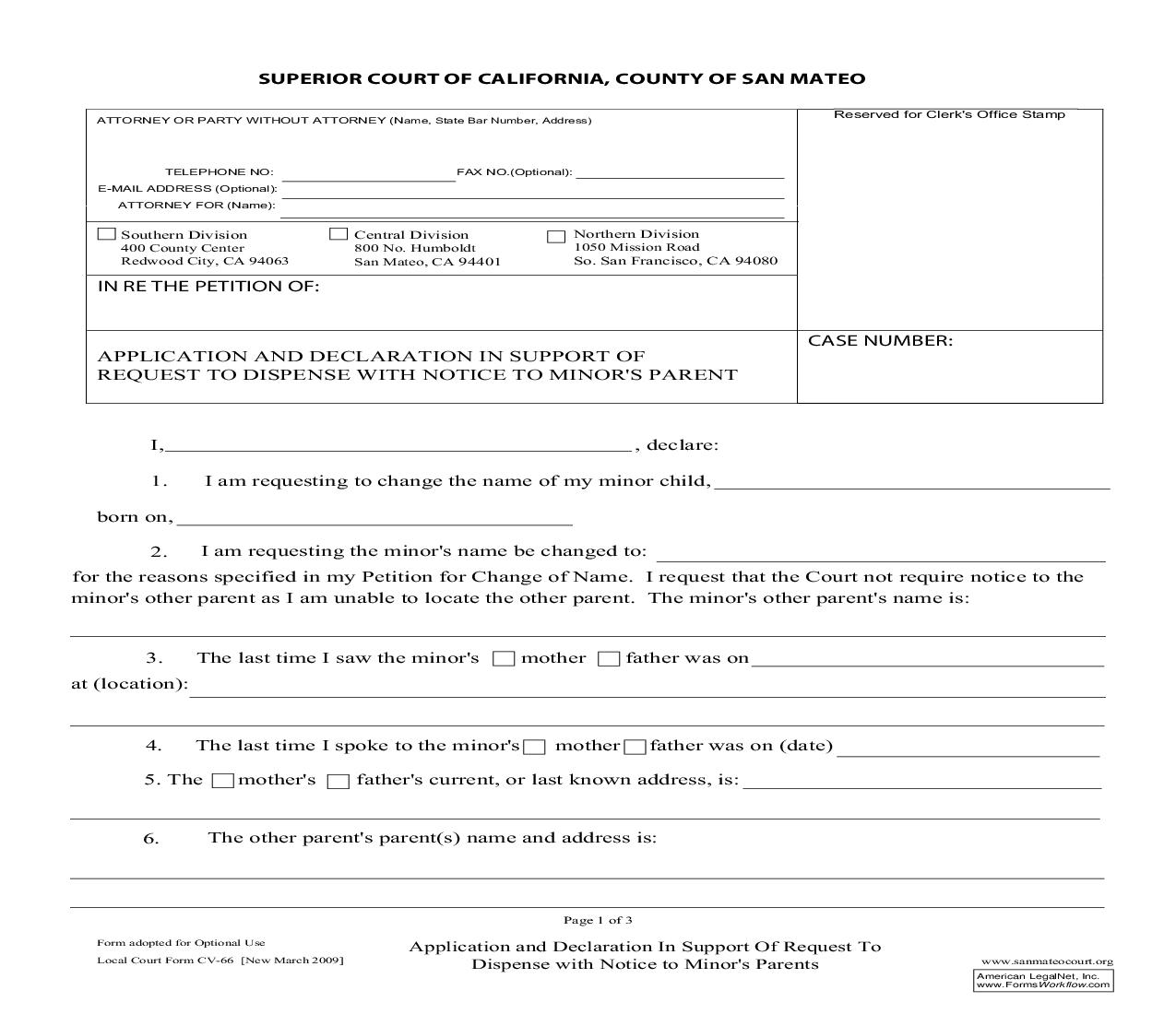 Application And Declaration In Support Of Request To Dispense With Notice {CV-66} | Pdf Fpdf Doc Docx | California