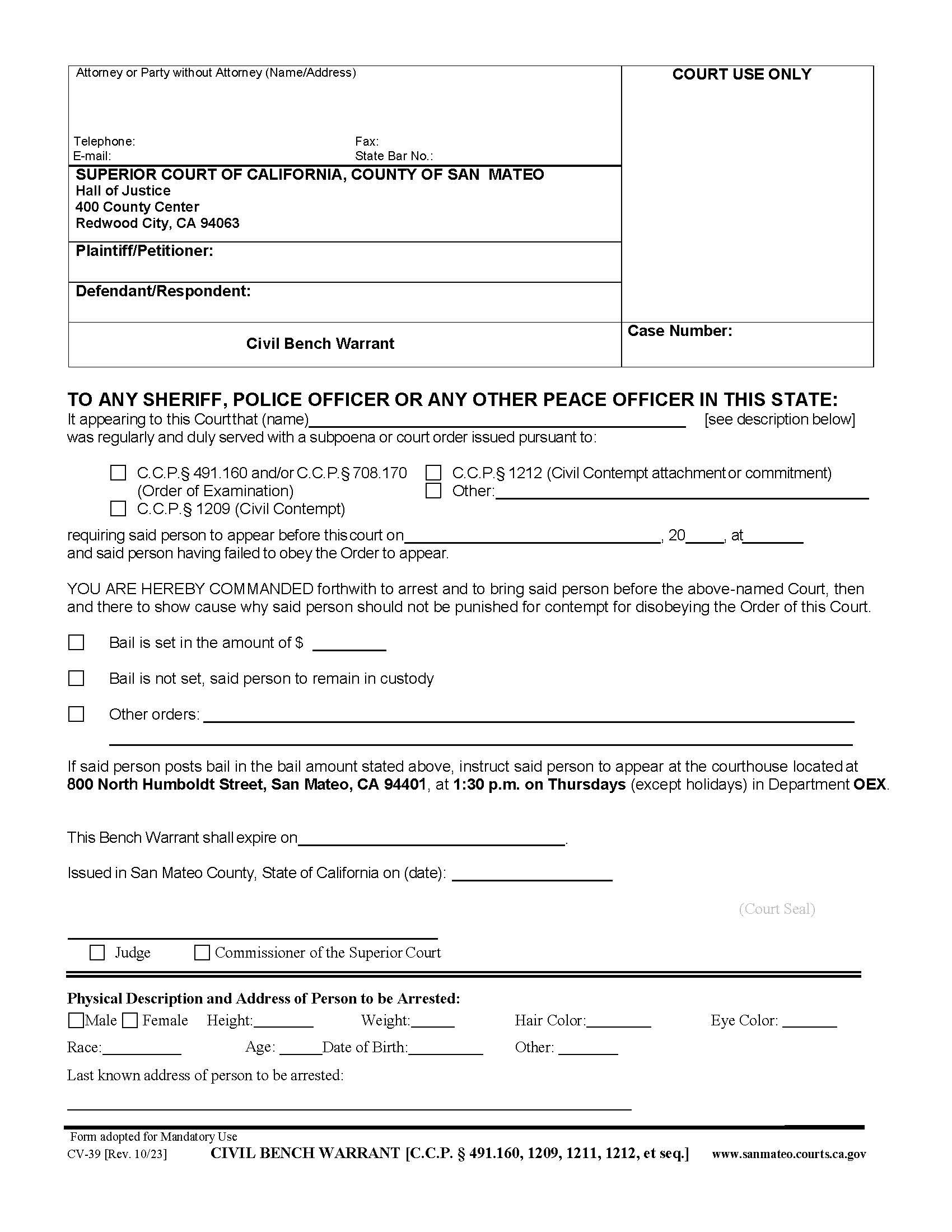 Bench Warrant (Civil) {CV-39} | Pdf Fpdf Doc Docx | California