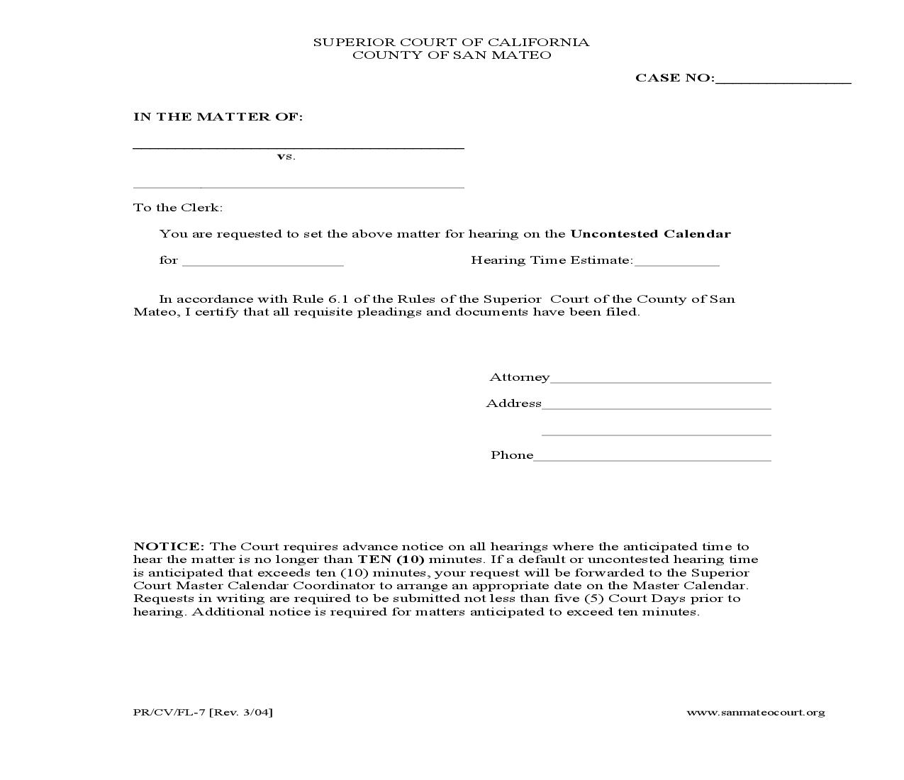 Uncontested Calendar Request {PR-CV-FL-7} | Pdf Fpdf Doc Docx | California