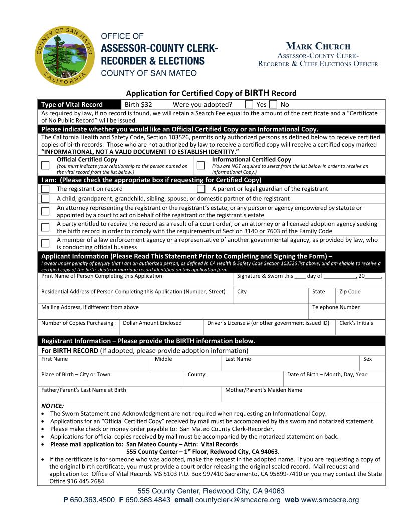 Application For Certified Copy Of Birth Record | Pdf Fpdf Docx | California