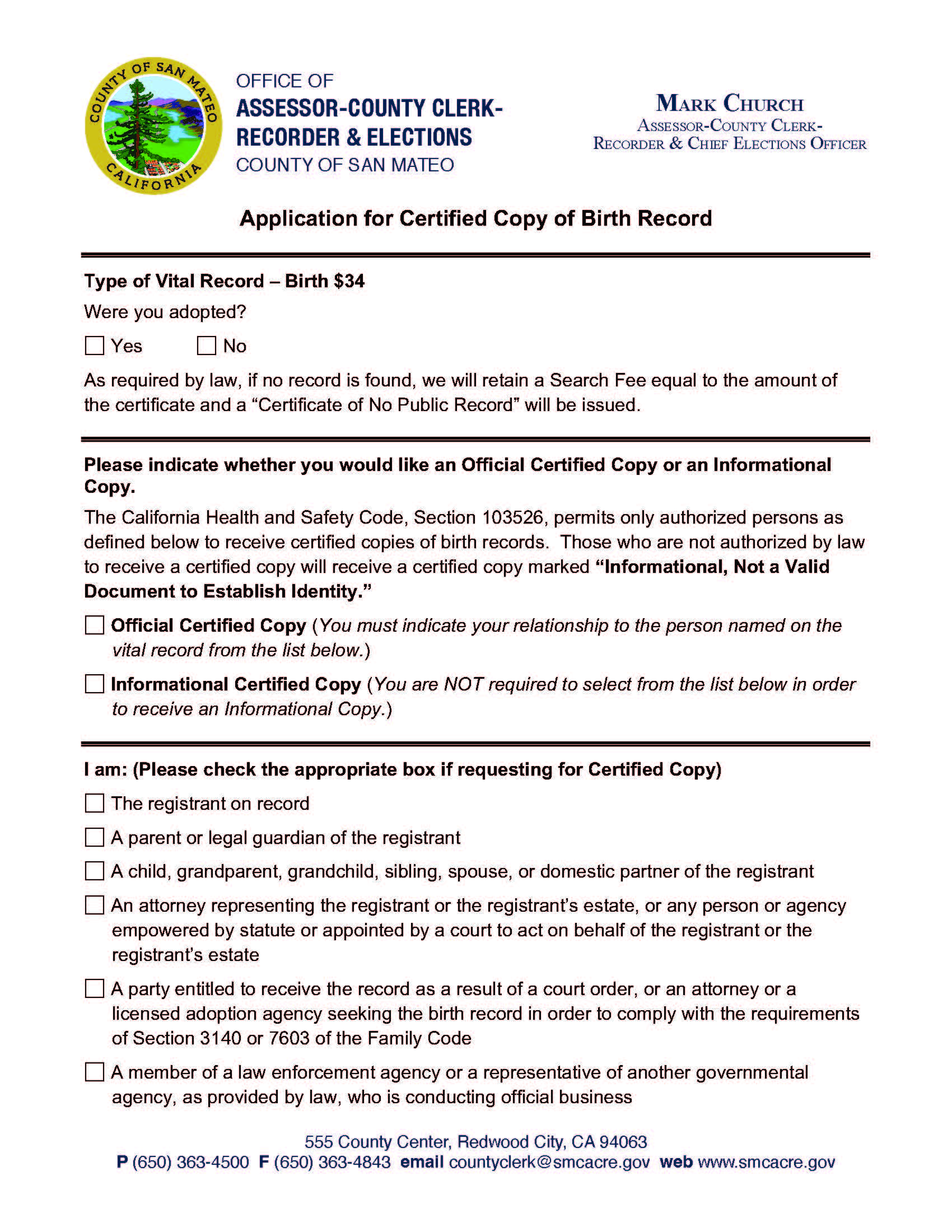 Application For Certified Copy Of Birth Record | Pdf Fpdf Docx | California