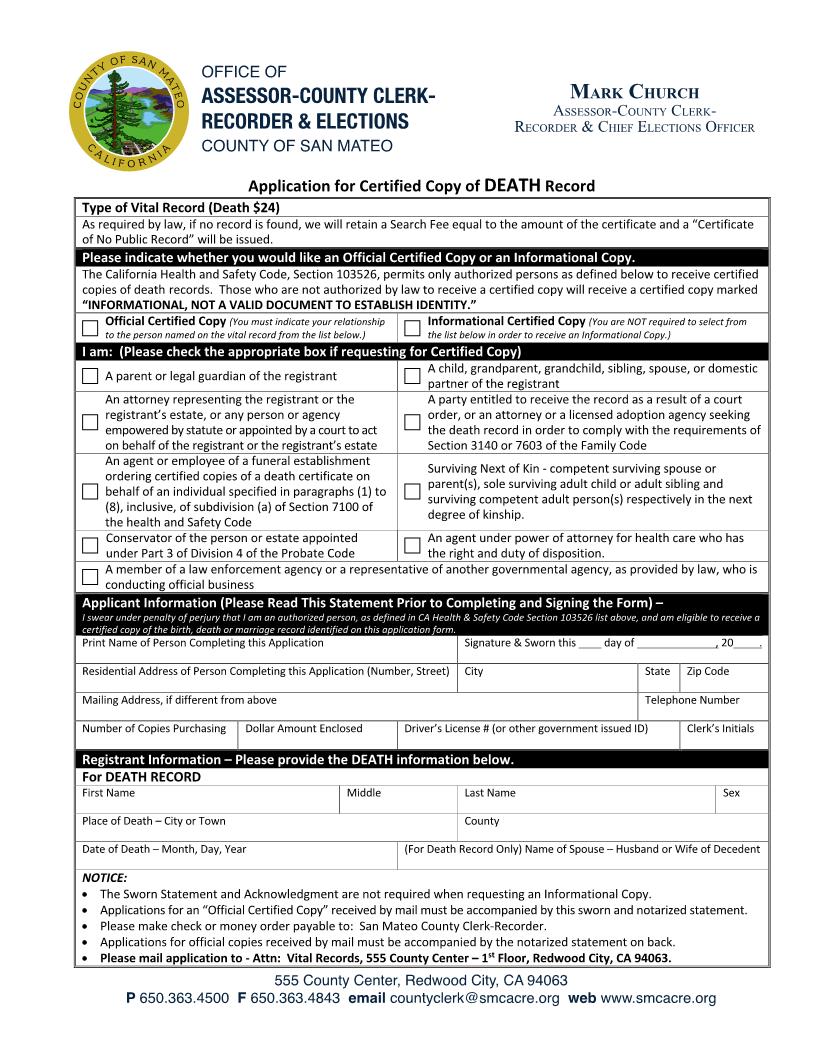 Application For Certified Copy Of Death Record | Pdf Fpdf Docx | California
