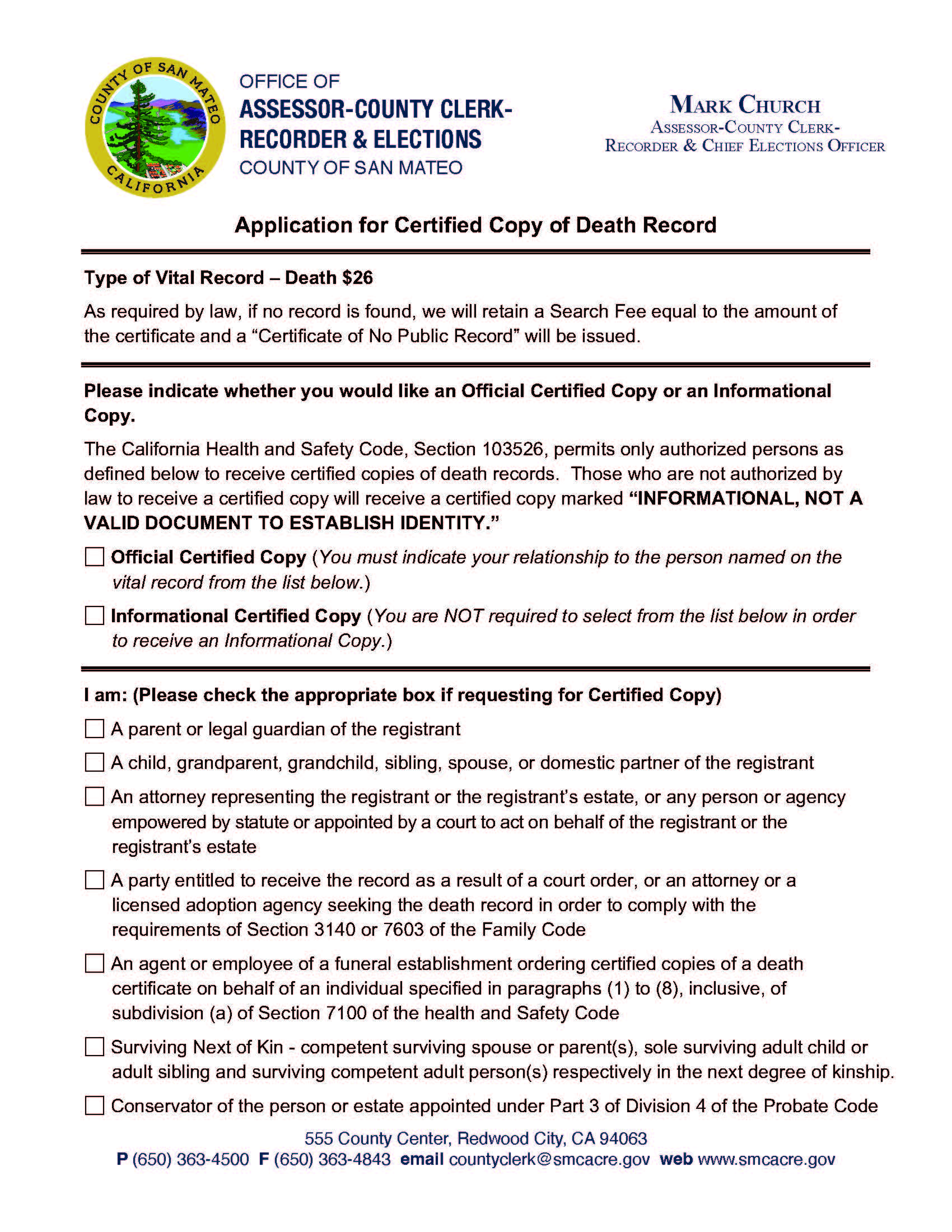 Application For Certified Copy Of Death Record | Pdf Fpdf Docx | California