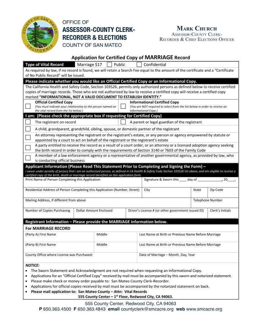 Application For Certified Copy Of Marriage Record | Pdf Fpdf Docx | California