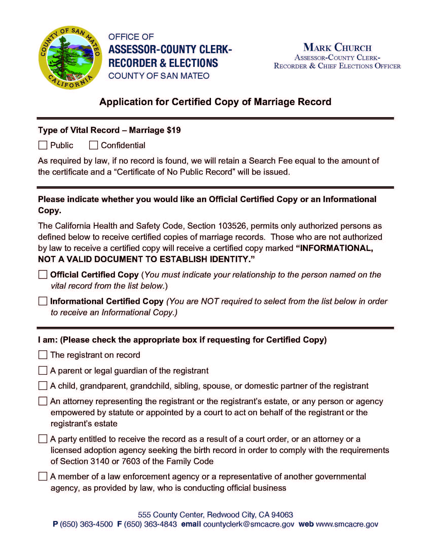 Application For Certified Copy Of Marriage Record | Pdf Fpdf Docx | California