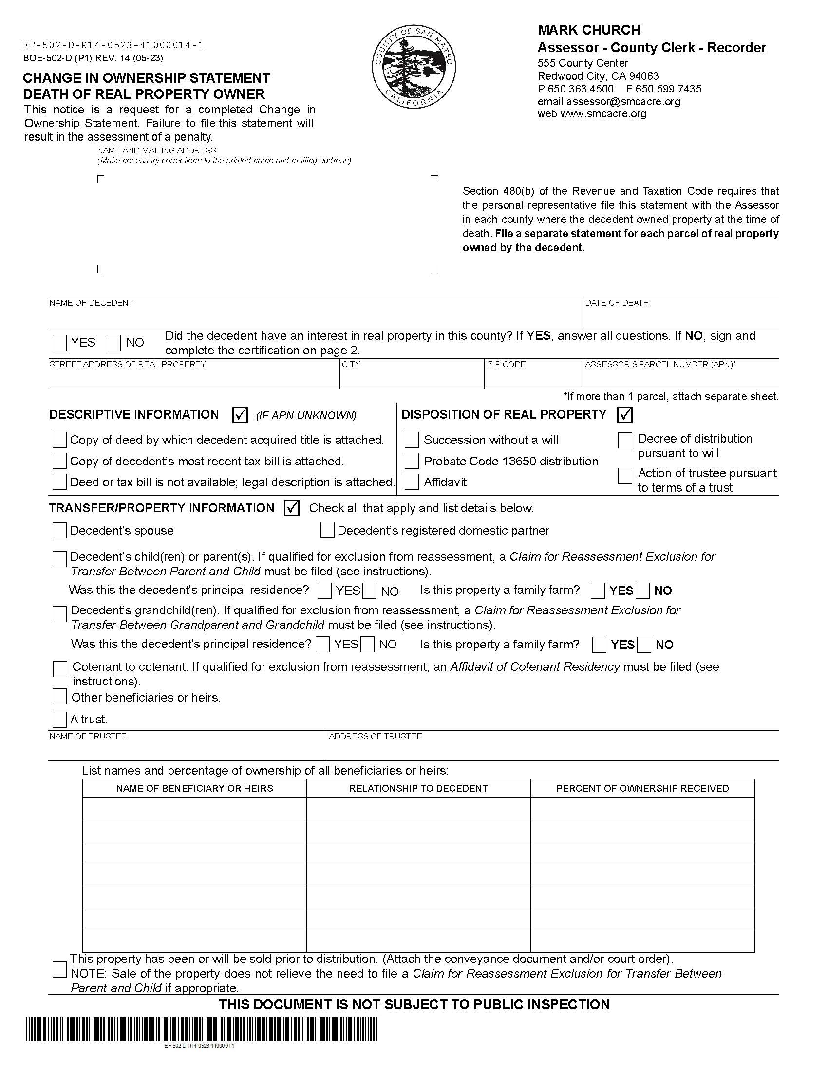 Change In Ownership Statement Death Of Real Property Owner (San Mateo) {BOE-502-D} | Pdf Fpdf Docx | California