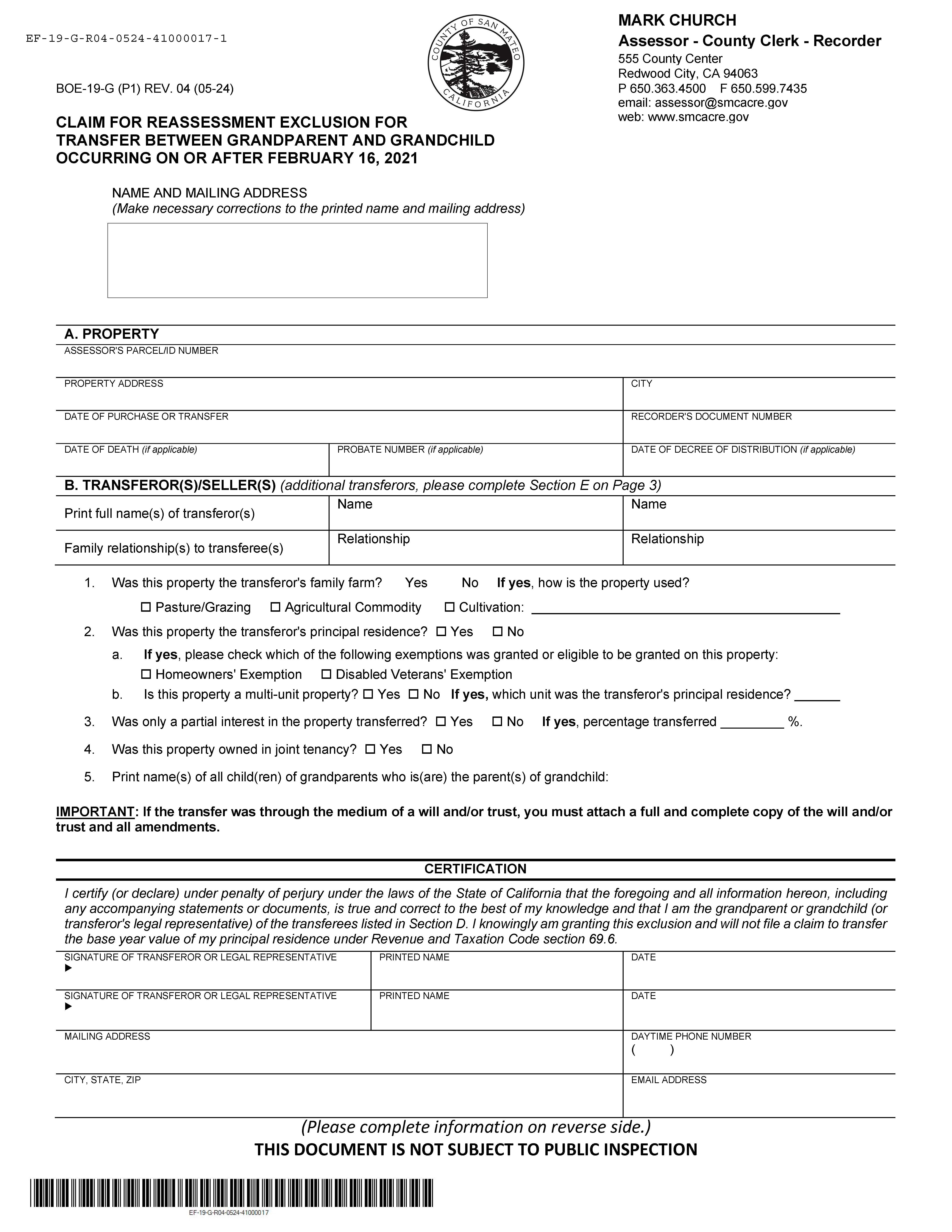 Claim For Reassessment Exclusion For Transfer Between Grandparent And Granchild (San Mateo) {BOE-19-G} | Pdf Fpdf Docx | California