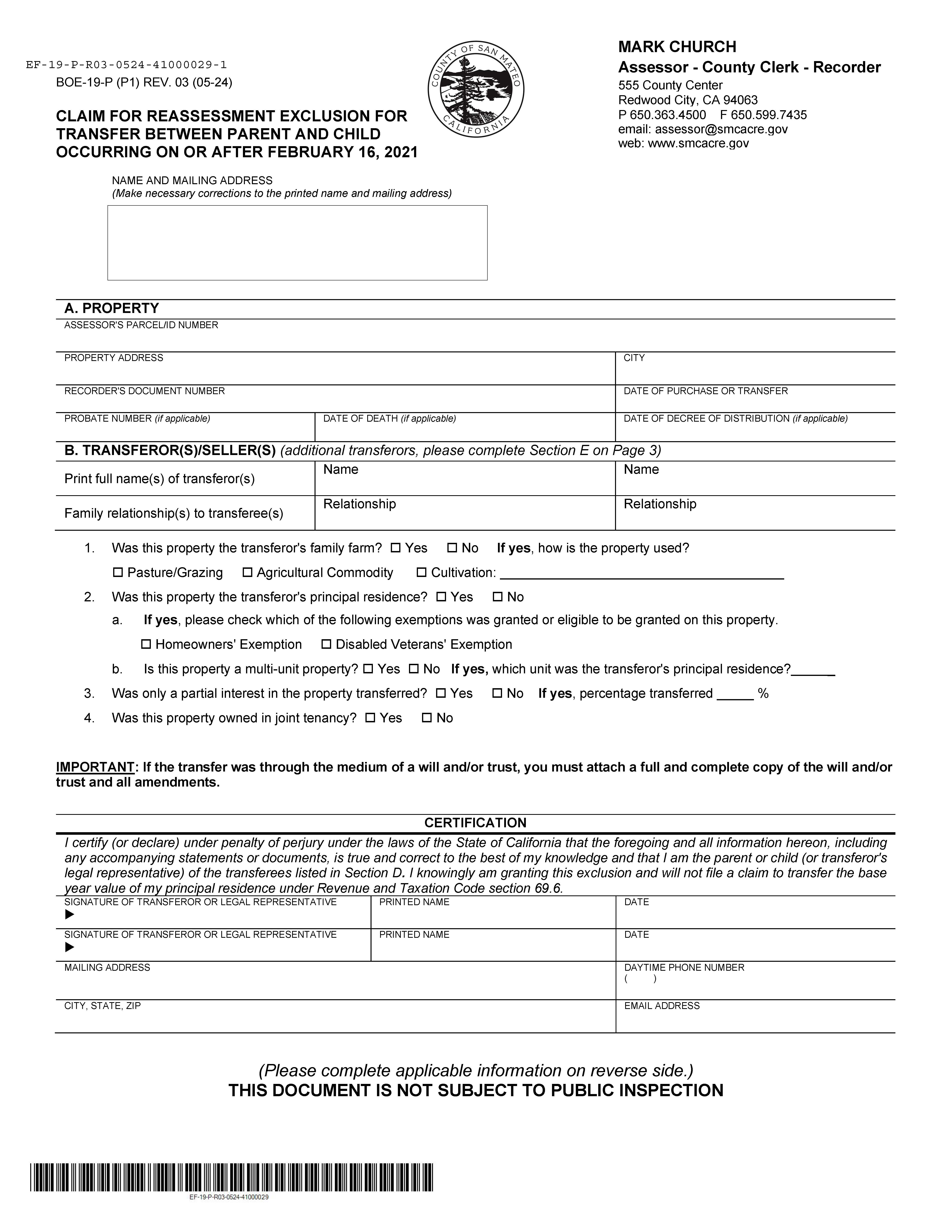 Claim For Reassessment Exclusion For Transfer Between Parent And Child (San Mateo) {BOE-19-P} | Pdf Fpdf Docx | California
