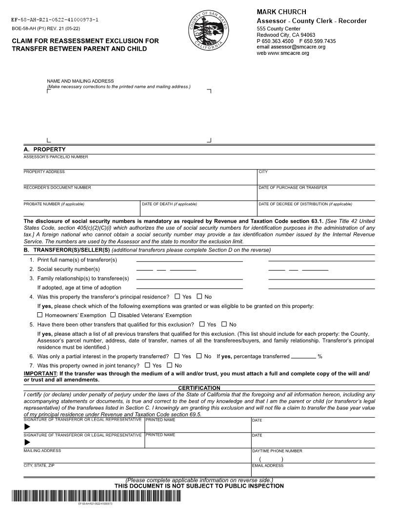 Claim For Reassessment Exclusion-Transfer Between Parent And Child (Before 02-16-21) (San Mateo) {BOE-58-AH} | Pdf Fpdf Docx | California