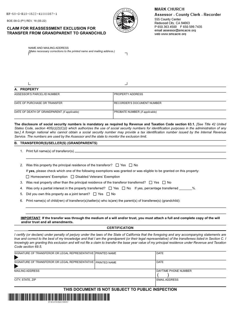 Claim For Reassessment Exclusion-Transfer From Grandparent To Granchild (Before 02-16-21) (San Mateo) {BOE-58-G} | Pdf Fpdf Docx | California