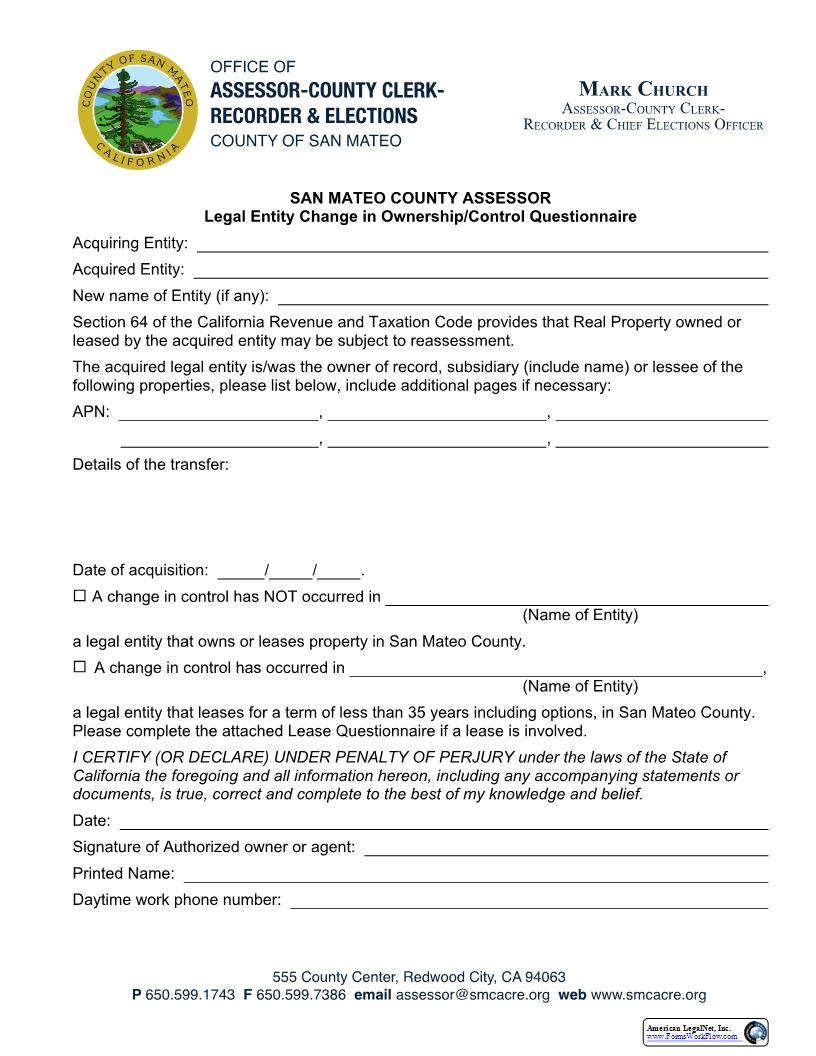 Legal Entity Change In Ownership-Control Questionnaire | Pdf Fpdf Docx | California
