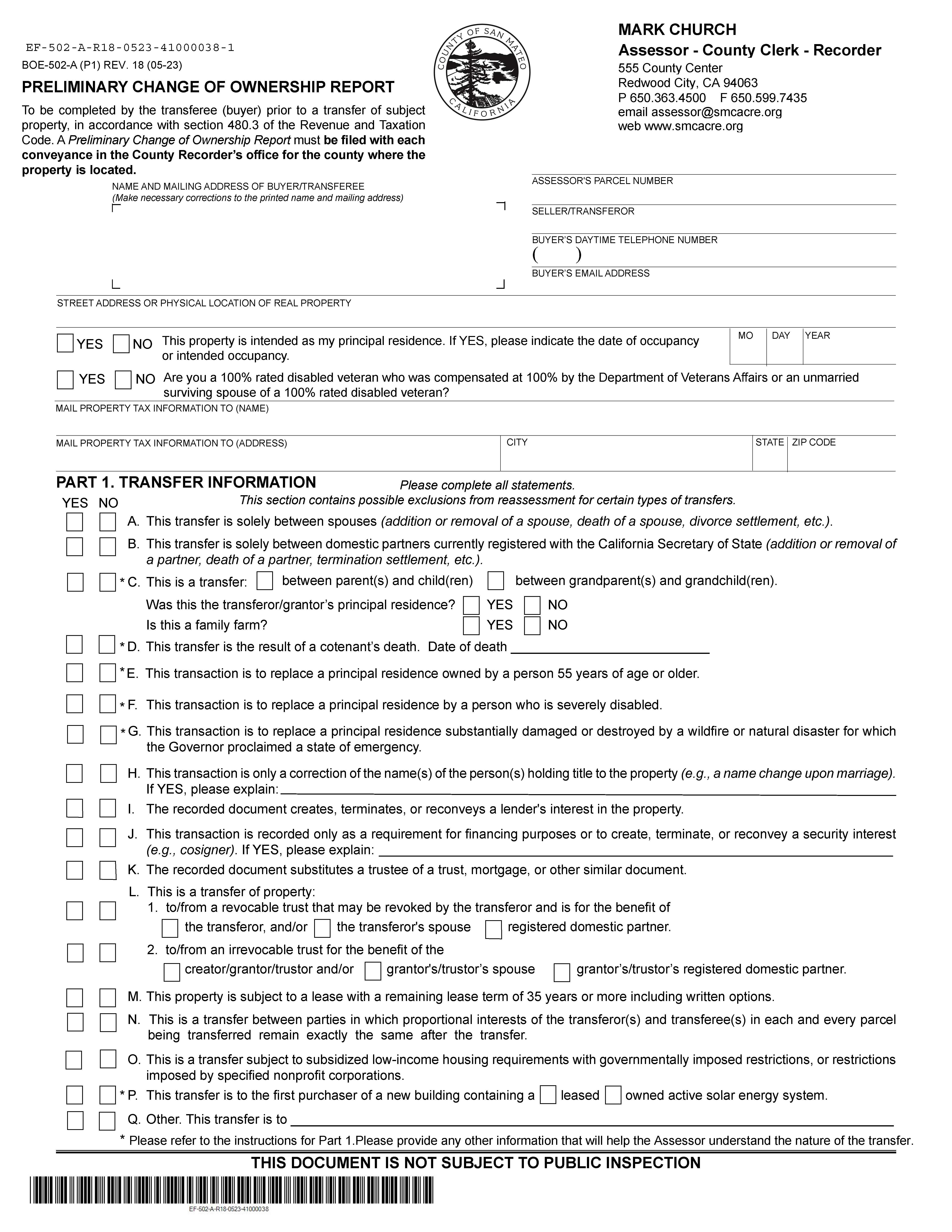 Preliminary Change Of Ownership Report (San Mateo) {BOE-502-A} | Pdf Fpdf Docx | California