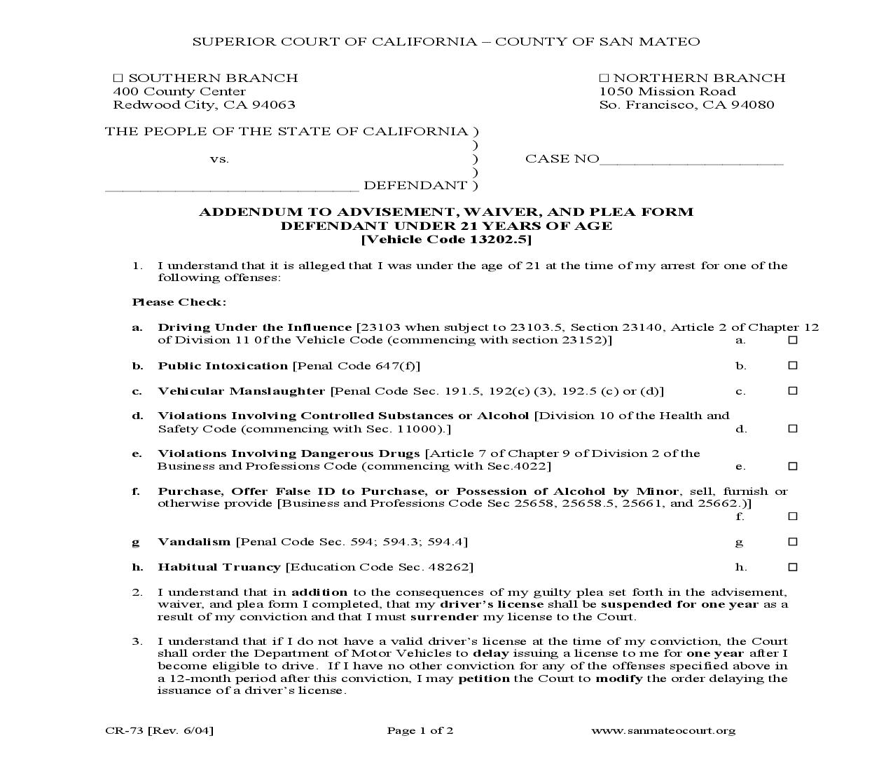 Addedum To Advisement Waiver And Plea Form Defendant Under 21 Years Of Age (Vehicle Code 13202.5) {CR-73} | Pdf Fpdf Doc Docx | California