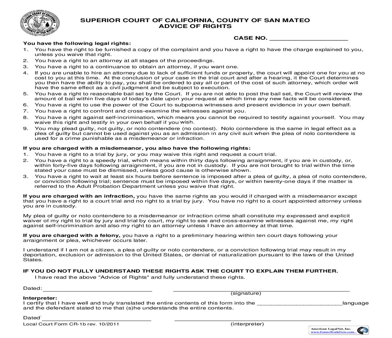 Advise Of Rights {CR-1} | Pdf Fpdf Doc Docx | California