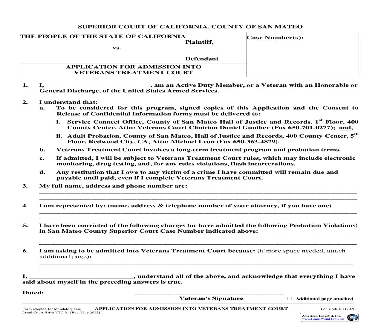 Application For Admission Into Veterans Treatment Court {VTC 01} | Pdf Fpdf Doc Docx | California