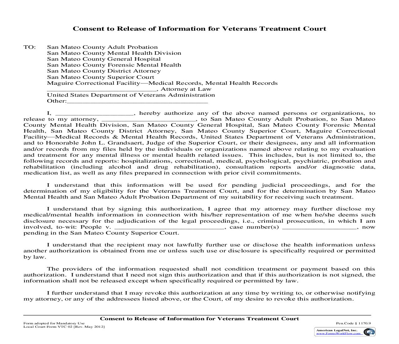 Consent To Release Of Information For Veterans Treatment Court {VTC 02} | Pdf Fpdf Doc Docx | California