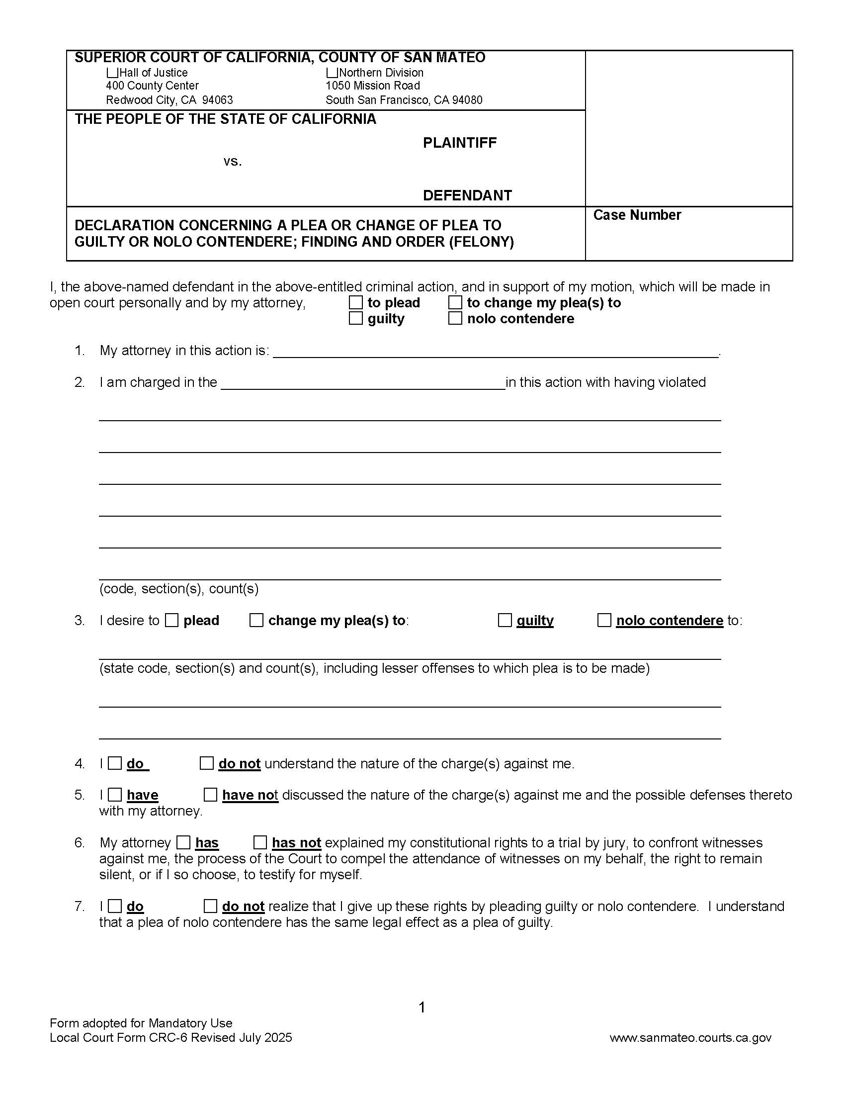 Criminal Change Of Plea {CRC-6} | Pdf Fpdf Docx | California