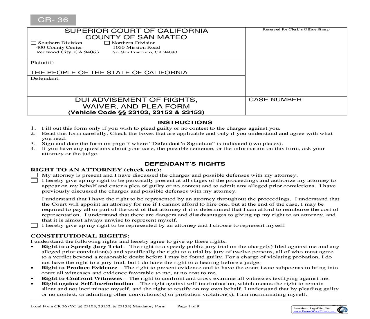 DUI Advisement Of Rights Waiver And Plea Form {CR-36} | Pdf Fpdf Doc Docx | California