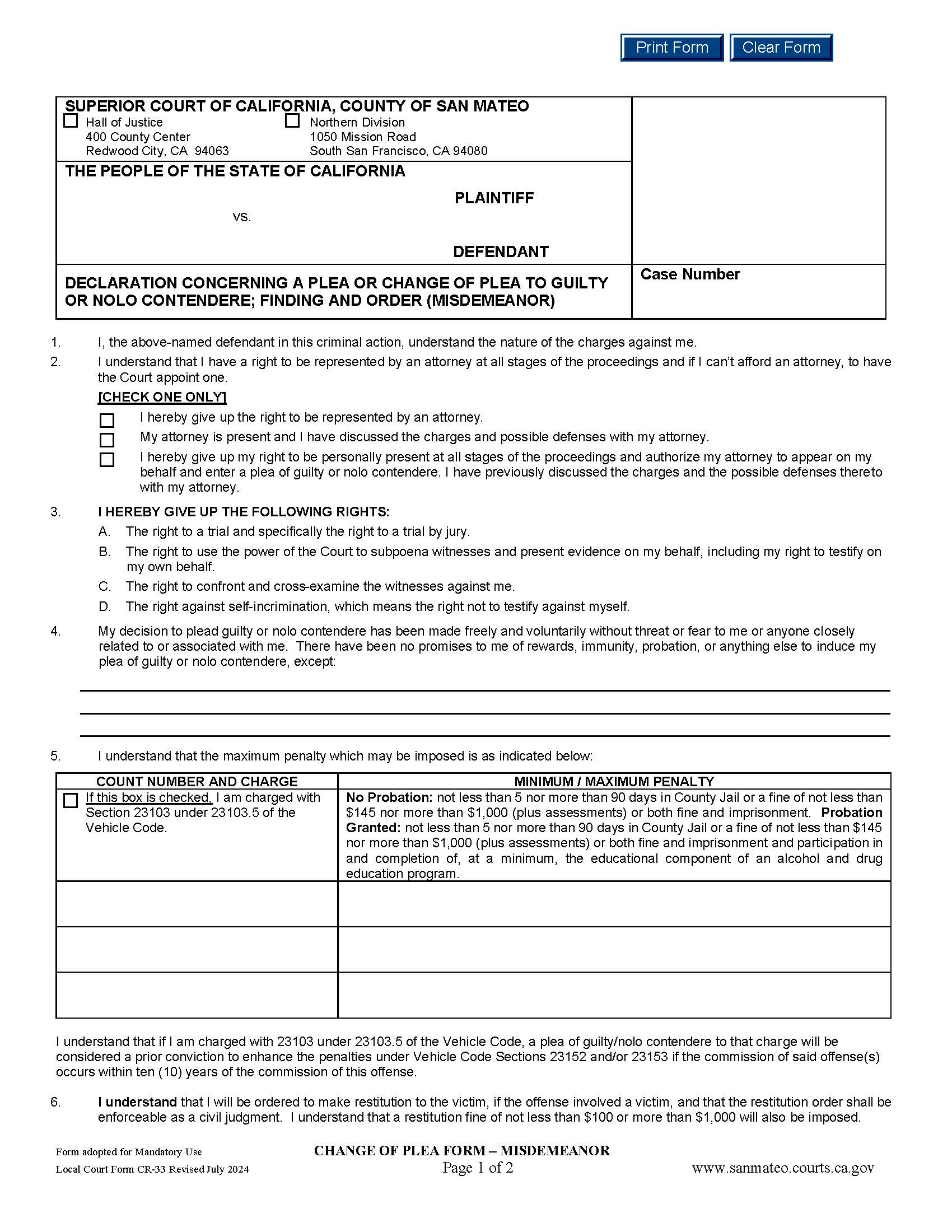 Declaration Concerning A Plea Or Change Of Plea To Guilty Or Nolo Contendere {CR-33} | Pdf Fpdf Doc Docx | California