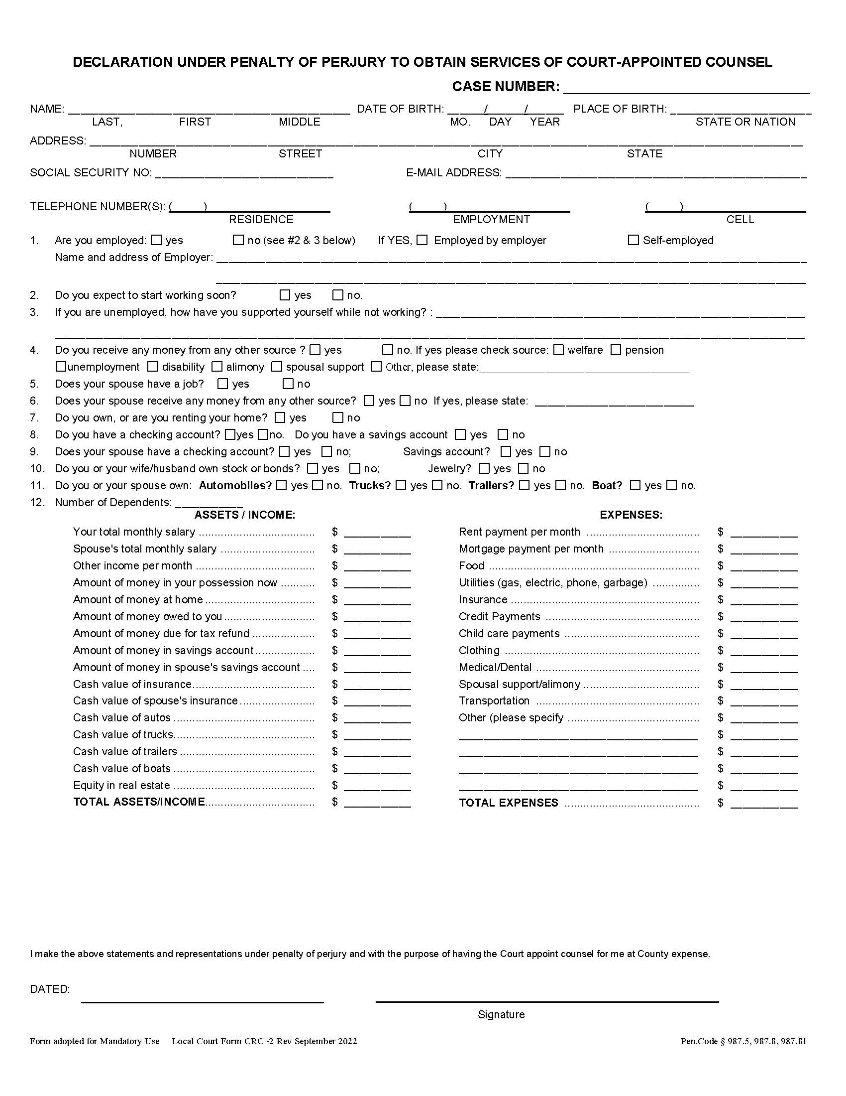 Declaration Under Penalty Of Perjury To Obtain Services Of Court-Appointed Counsel {CR-2a} | Pdf Fpdf Doc Docx | California