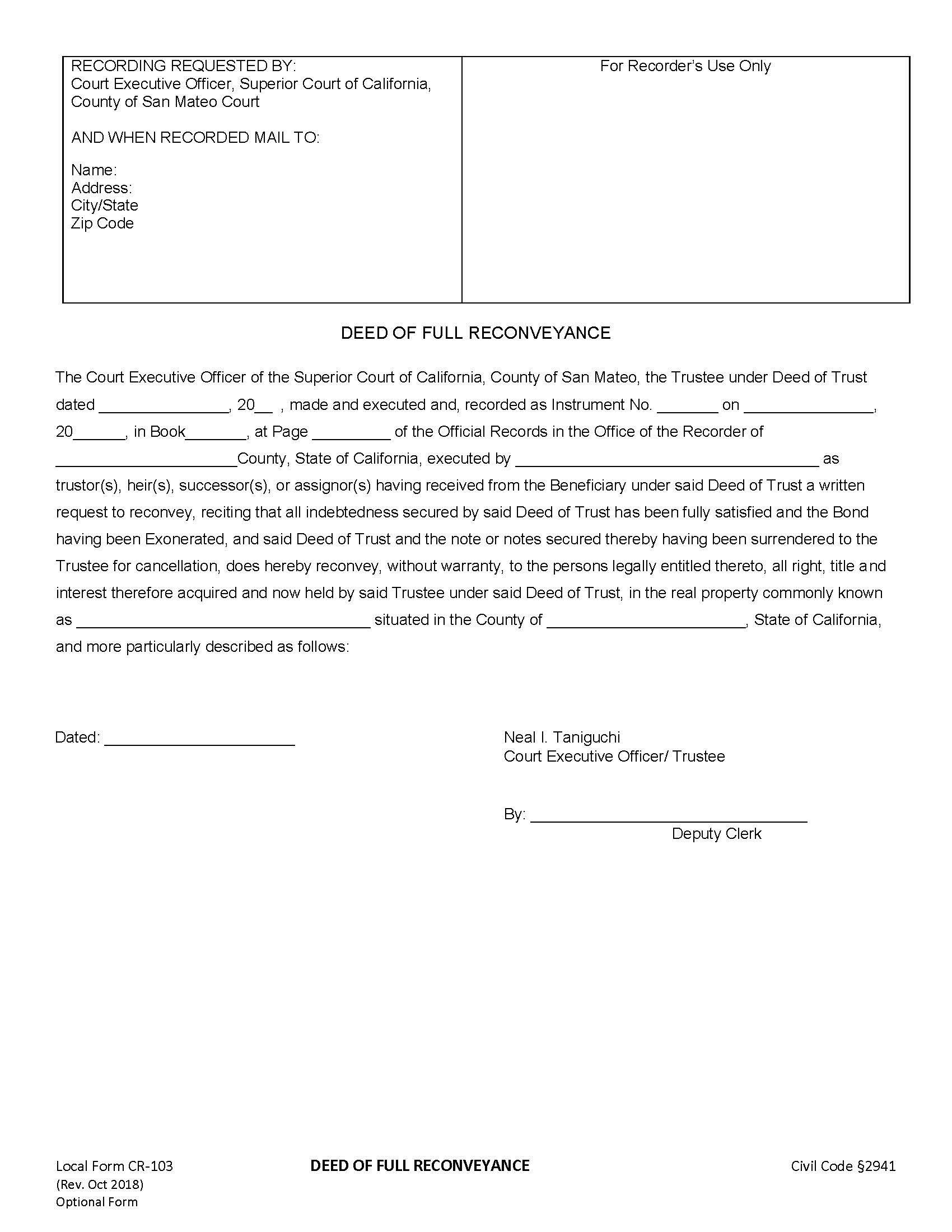 Deed Of Full Reconveyance {CR-103} | Pdf Fpdf Docx | California