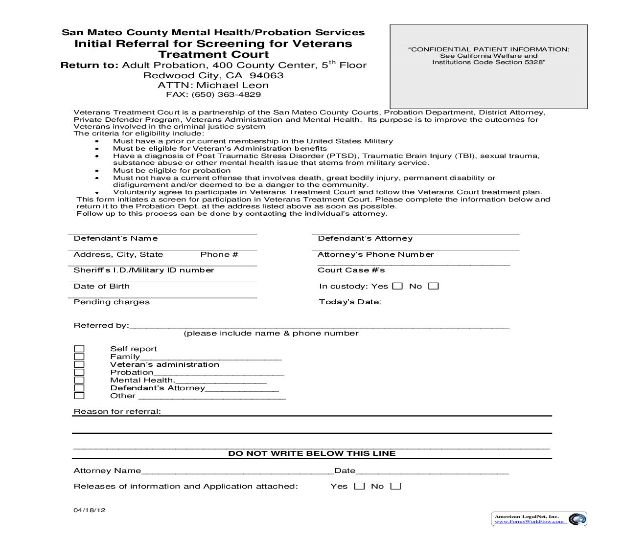Initial Referral For Screening For Veterans Treatment Court (Probation Department) | Pdf Fpdf Doc Docx | California