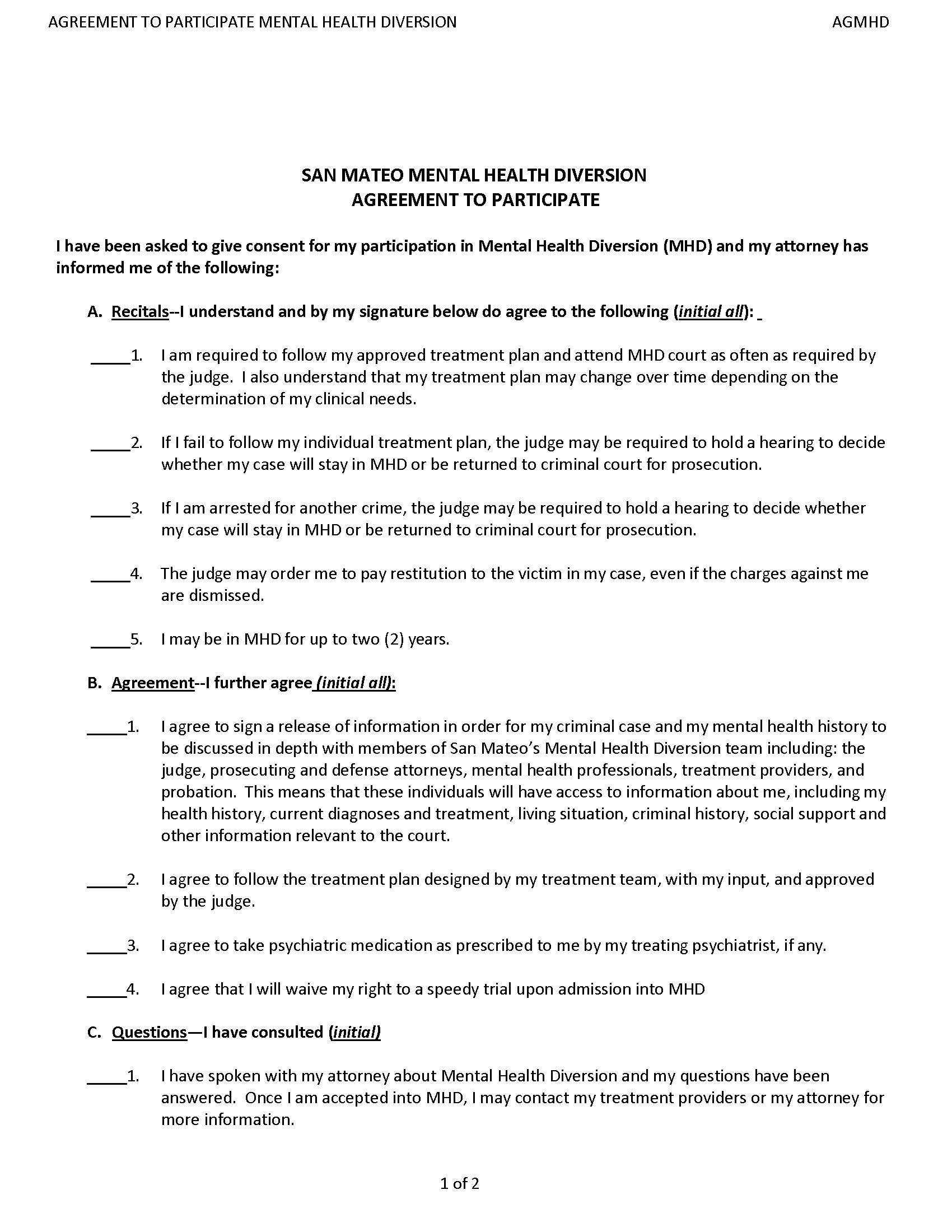Mental Health Diversion Participation Agreement {AGMHD} | Pdf Fpdf Docx | California