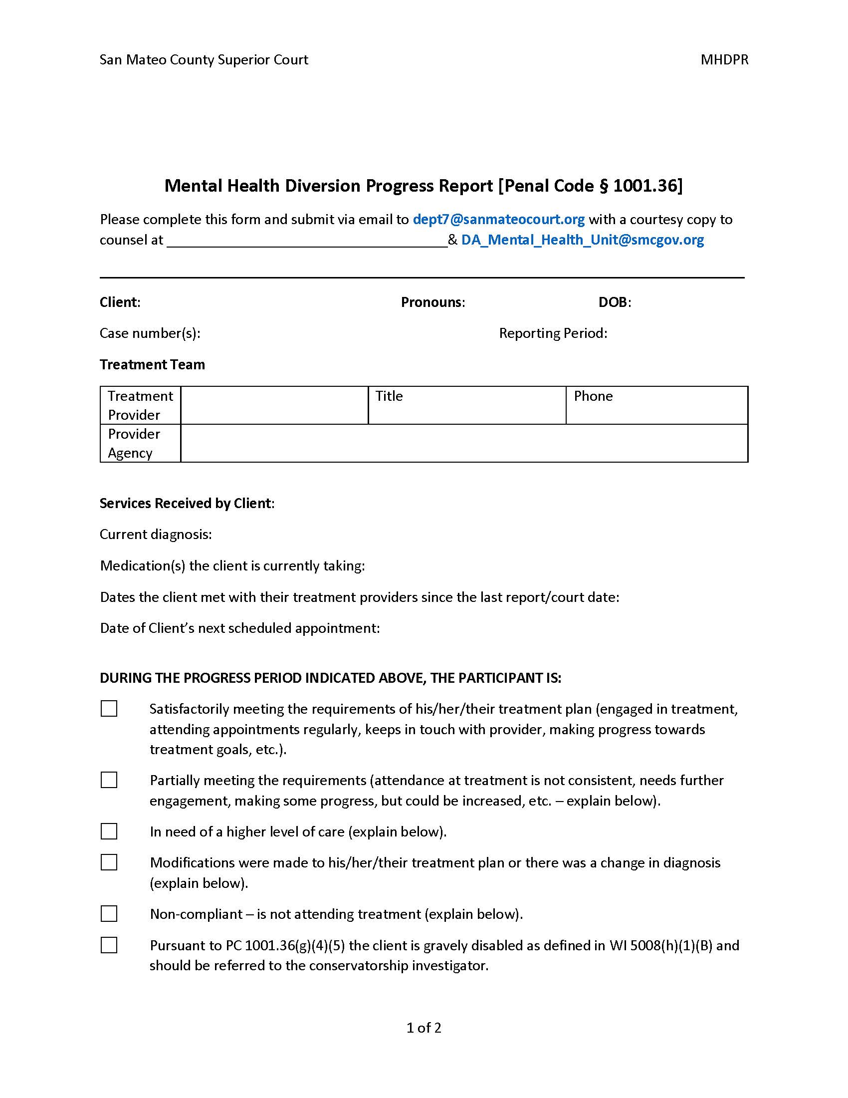 Mental Health Diversion Progress Report (MHDRPR} | Pdf Fpdf Docx | California