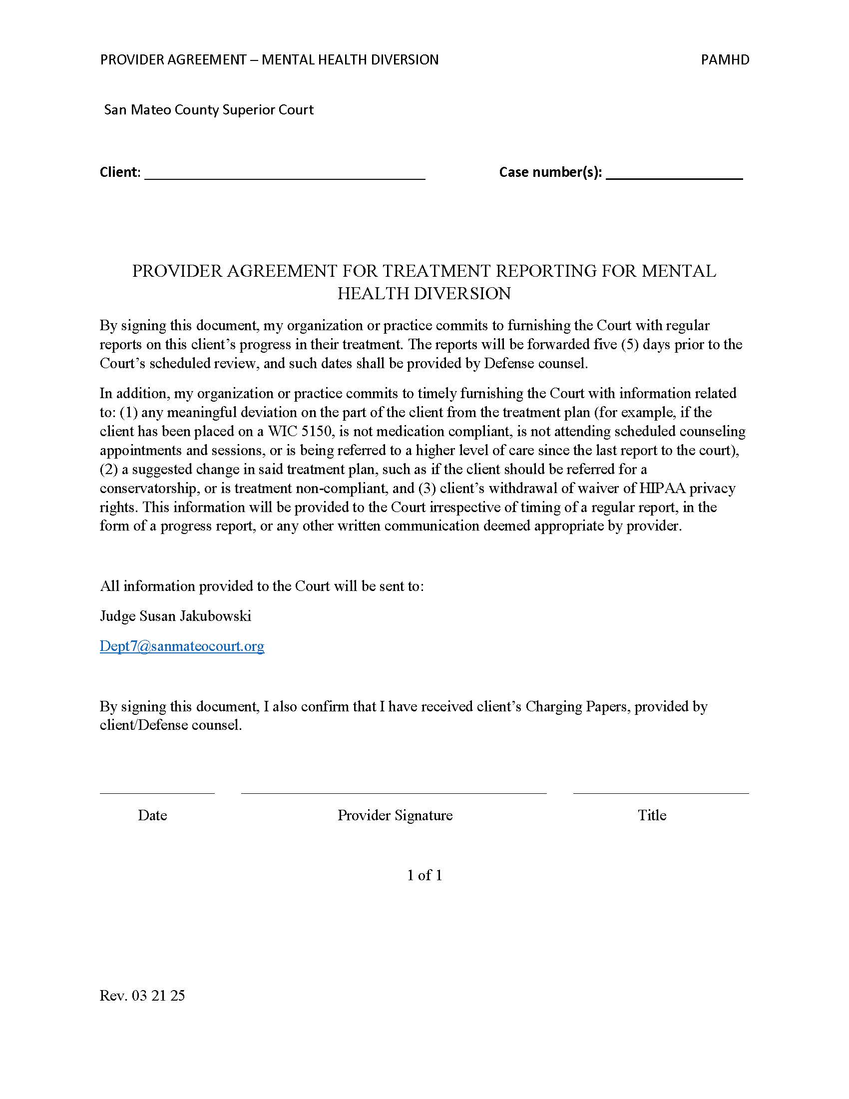 Mental Health Diversion Provider Agreement {PAMHD} | Pdf Fpdf Docx | California