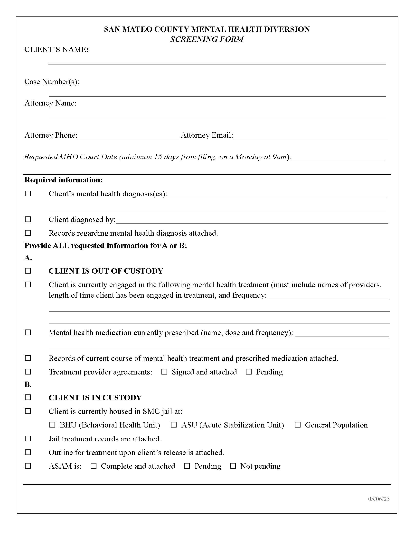 Mental Health Diversion Screening Form {MHD} | Pdf Fpdf Docx | California