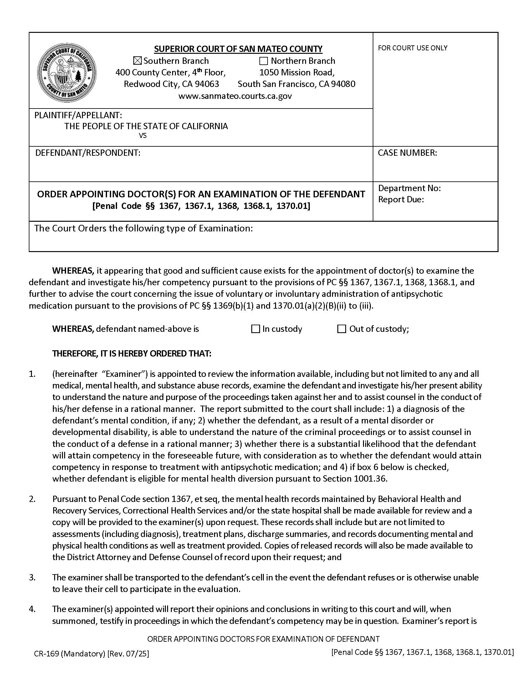 Order Appointing Doctor(s) For An Examination Of The Defendent (Misdemeanor) {CR-169} | Pdf Fpdf Doc Docx | California