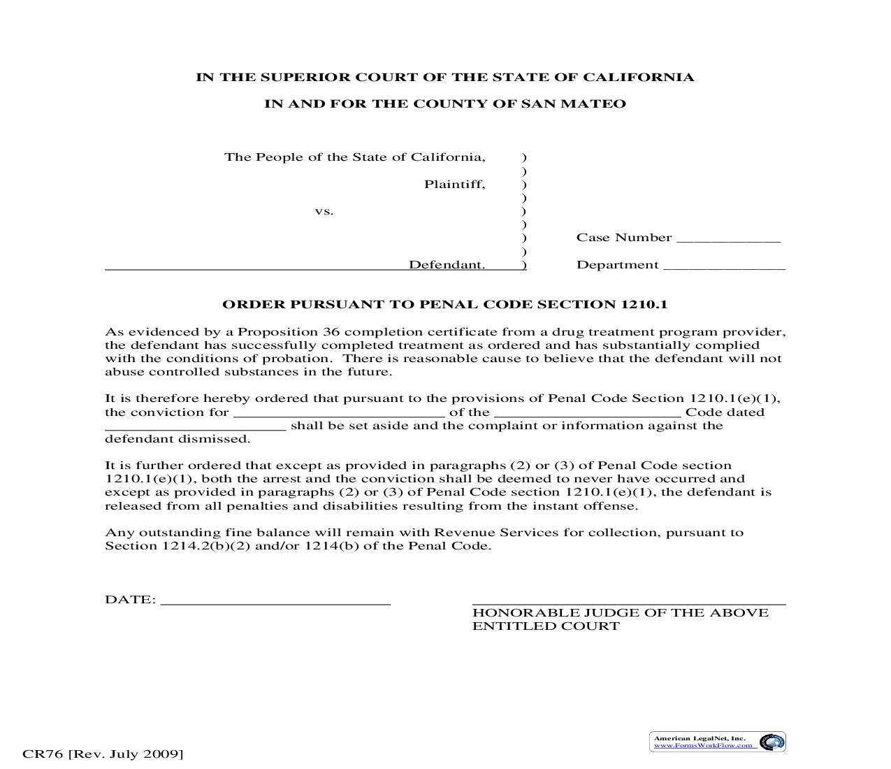 Proposition 36 Order Pursuant To Penal Code Section 1210.1 {CR76} | Pdf Fpdf Doc Docx | California